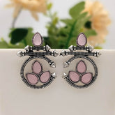 Baby Pink Color Water Drop Shape Silver Oxidised Earrings